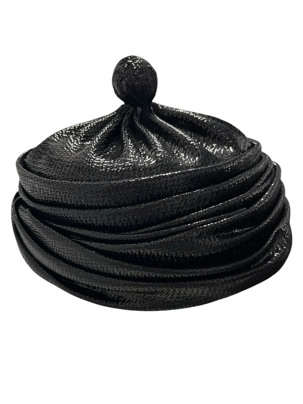 Vintage Black Patent Knit Pom-Pom Turban Hat